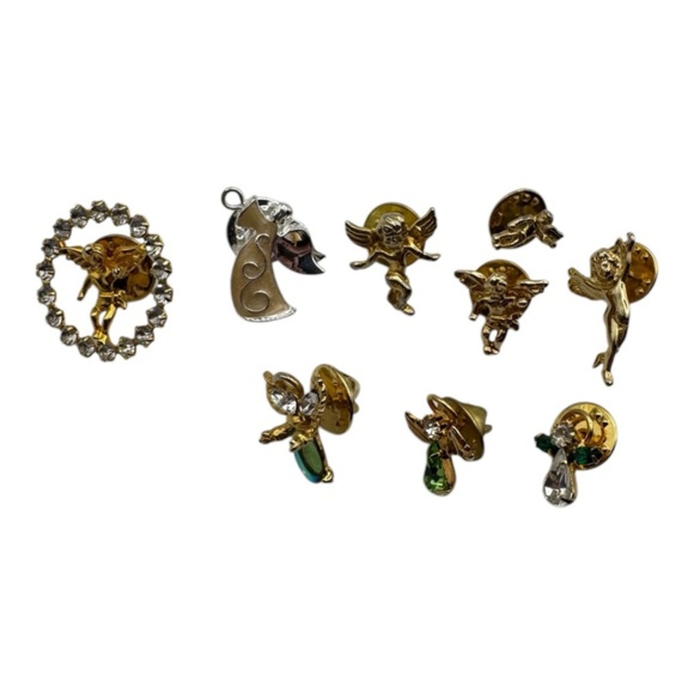 Lot of Vintage Angel and Cherub Lapel Pins with Rhinestones‎ - Set of 9